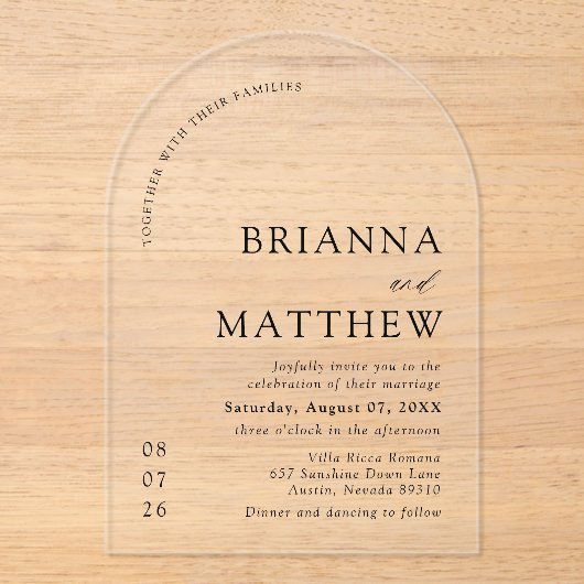 Arch Modern Zwart-wit minimalistische bruiloft Acryl Uitnodigingen (Voorkant)