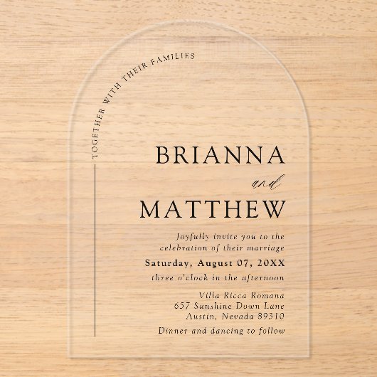 Arch Modern Zwart-wit minimalistische bruiloft Acryl Uitnodigingen (Voorkant)