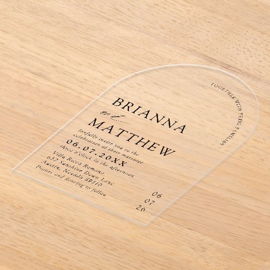 Arch Modern Zwart-wit minimalistische bruiloft Acryl Uitnodigingen (Laagn)