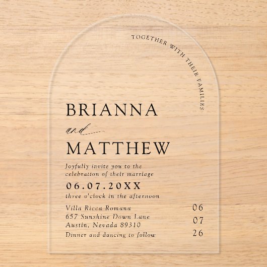 Arch Modern Zwart-wit minimalistische bruiloft Acryl Uitnodigingen (Voorkant)