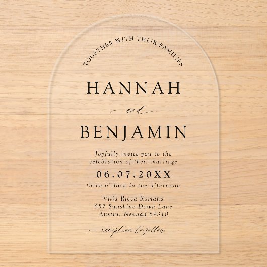 Arch Modern Zwart-wit minimalistische bruiloft Acryl Uitnodigingen (Voorkant)