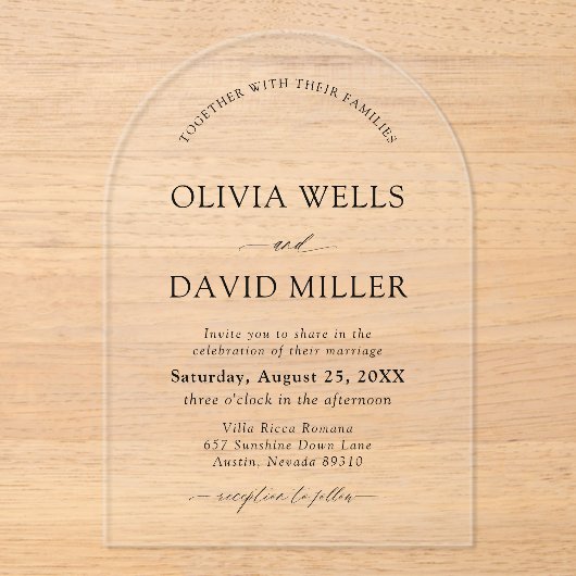 Arch Modern Zwart-wit minimalistische bruiloft Acryl Uitnodigingen (Voorkant)