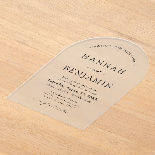 Arch Modern Zwart-wit minimalistische bruiloft Acryl Uitnodigingen (Laagn)