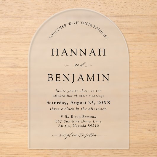 Arch Modern Zwart-wit minimalistische bruiloft Acryl Uitnodigingen (Voorkant)