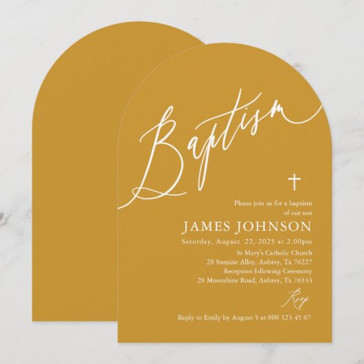 Arch Moderne Minimalistische Mosterd Geel Doopsel Kaart (Voorkant / Achterkant)