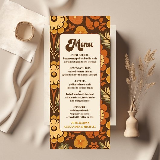Arch Moderne Retro 70s Bloemige Bruiloft Menu