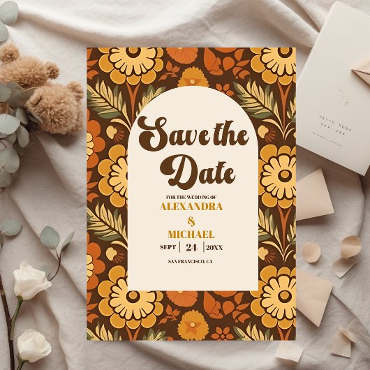 Arch Moderne Retro 70s Bloemige Bruiloft Save The Date