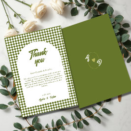 Arch Olive green Minimalist Retro Checker Wedding Bedankkaart