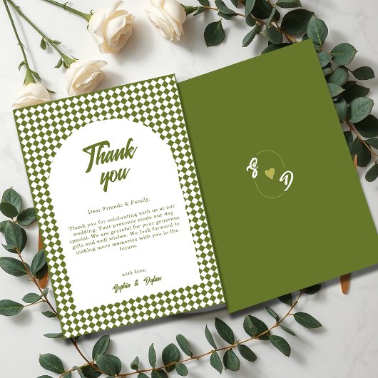Arch Olive green Minimalist Retro Checker Wedding Bedankkaart