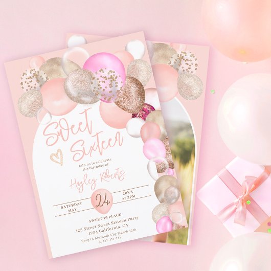 Arch pastel Boho glitter ballonnen roze Sweet 16 Kaart