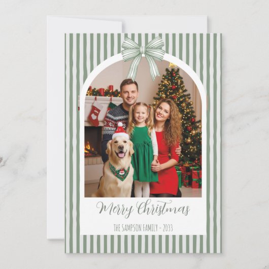 Arch Photo Christmas Card with Green Stripes & Bow Feestdagenkaart (Voorkant)