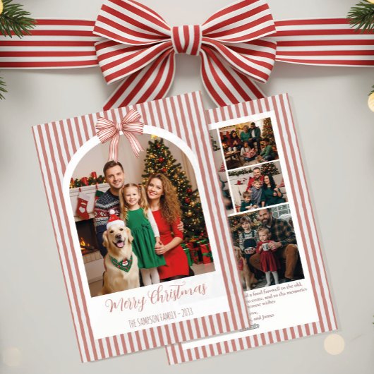 Arch Photo Christmas Card with Red Stripes & Bow Feestdagenkaart