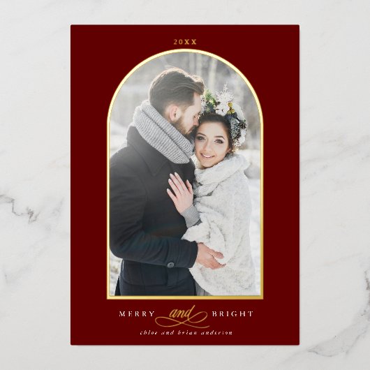 Arch Photo Merry & Bright Gold Foil Holiday Card Folie Uitnodiging (Voorkant)
