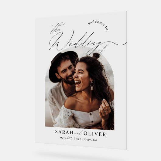 Arch Photo Modern Script Wedding Welkom Acryl Bord (Hoek)