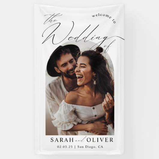 Arch Photo Modern Script Wedding Welkom Spandoek (Verticaal)