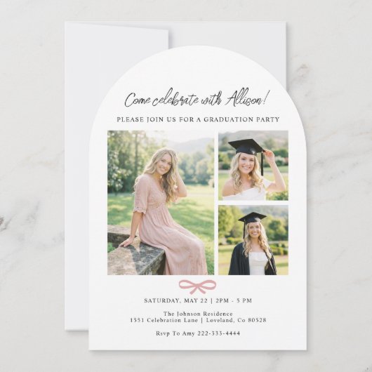 Arch Photo Pink Bow Graduation Party Invitation Kaart (Achterkant)