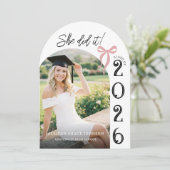Arch Photo Pink Bow Graduation Party Invitation Kaart (Staand voorkant)