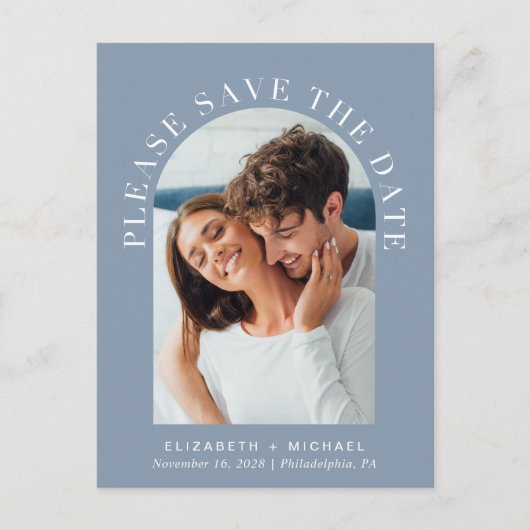 Arch Photo QR Code Dusty Blue Sla de datum op Aankondigingskaart (Voorkant)