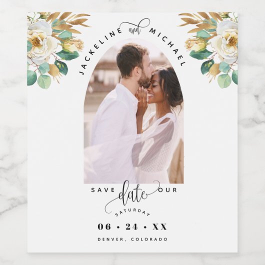 Arch Photo White Gold Floral Wedding Save the Date Wijn Etiket (Enkel label)