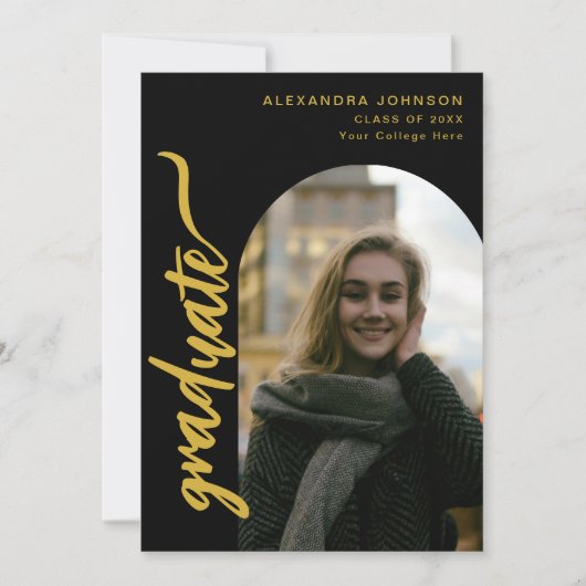 Arch Photo Zwart en Goud Script Afstuderen Aankondiging (Voorkant)