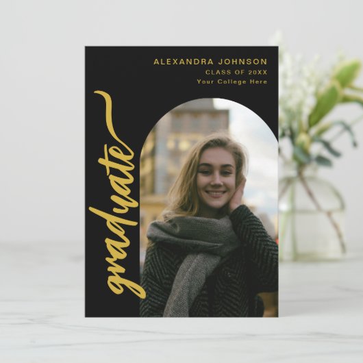 Arch Photo Zwart en Goud Script Afstuderen Aankondiging (Staand voorkant)