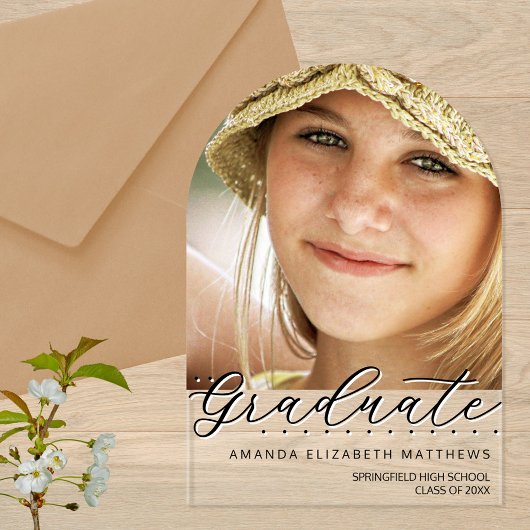 Arch Photo Zwart-wit Girly Script Afstuderen Acryl Uitnodigingen