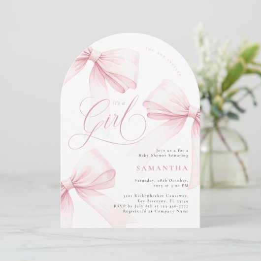 Arch Pink Bow Girl Baby shower Kaart (Staand voorkant)
