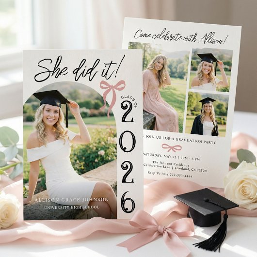 Arch Pink Bow Photo Graduation Party Invitation Kaart
