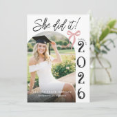 Arch Pink Bow Photo Graduation Party Invitation Kaart (Staand voorkant)
