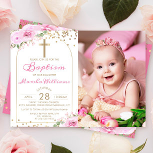 Arch Pink Floral Gold Glitter Girl Baptisme Foto Kaart