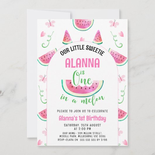 Arch Pink One in een meloen 1e verjaardag uitnodig Kaart (Voorkant)