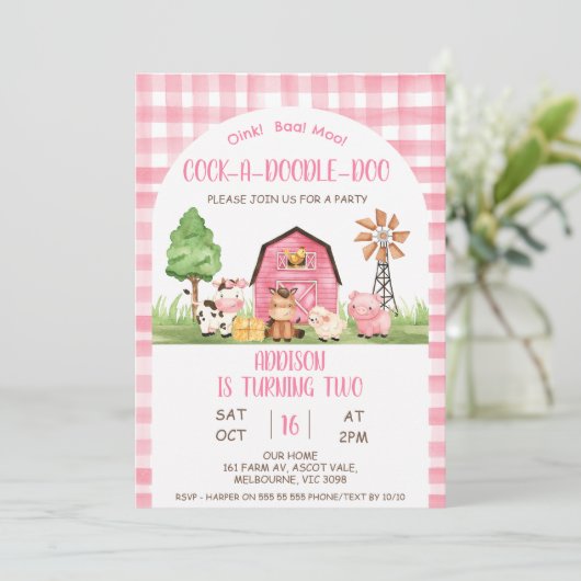 Arch Pink Plaid Boerderij Oink Baa Moo 2e verjaard Kaart (Staand voorkant)
