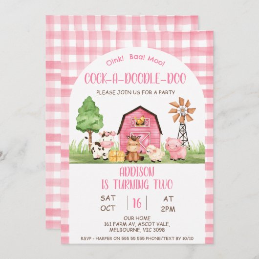 Arch Pink Plaid Boerderij Oink Baa Moo 2e verjaard Kaart (Voorkant / Achterkant)