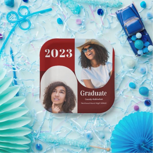 Arch Red Burgundy Two Photo Afstuderen Papieren Bordje (Feest)