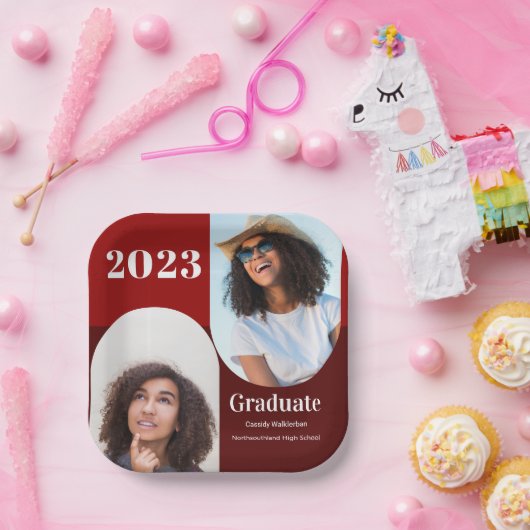 Arch Red Burgundy Two Photo Afstuderen Papieren Bordje (Feest)