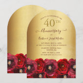 Arch Red Rose Floral Gold 40th Anniversary Party Kaart (Voorkant / Achterkant)