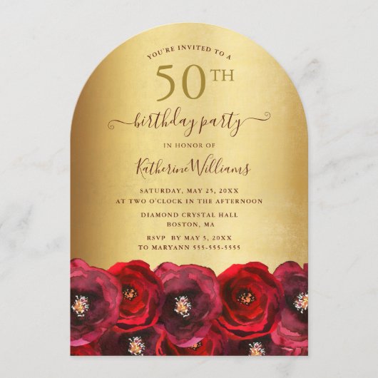 Arch Red Rose Floral Gold 50th Anniversary Party Kaart (Voorkant)