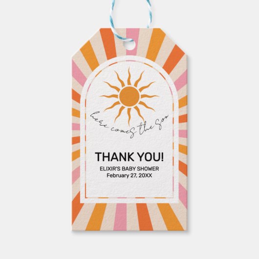 Arch Retro Hier komt het Son Baby shower Cadeaulabel (Voorkant)