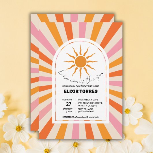 Arch Retro Hier komt het Son Baby shower Kaart