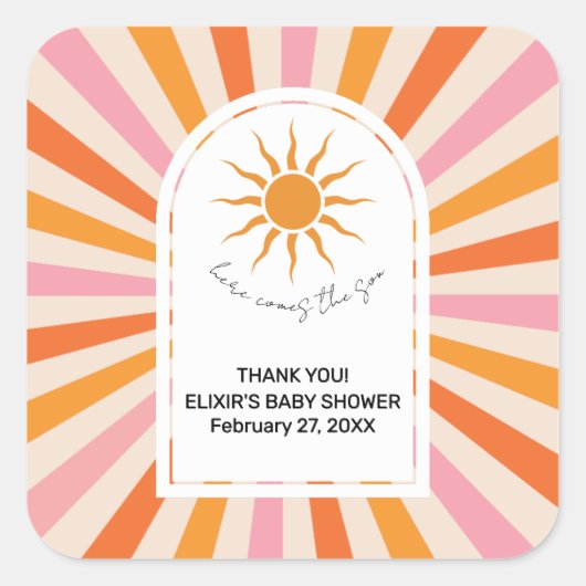 Arch Retro Hier komt het Son Baby shower Vierkante Sticker (Voorkant)