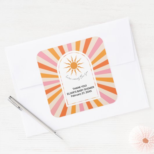 Arch Retro Hier komt het Son Baby shower Vierkante Sticker (Envelop)