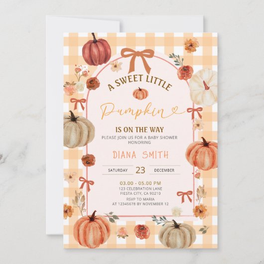 Arch Ribbon Bow Little Pumpkin Baby Shower Invite Kaart (Voorkant)