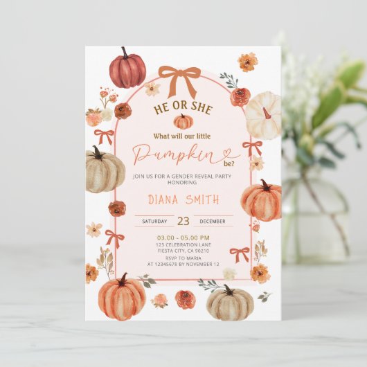 Arch Ribbon Bow Little Pumpkin Geslacht Reveal Kaart (Staand voorkant)