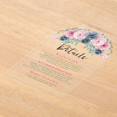 Arch Roze en Blauwe Bloemen Wedding Details Acryl Uitnodigingen (Laagn)