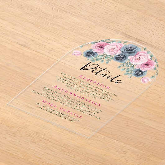 Arch Roze en Blauwe Bloemen Wedding Details Acryl Uitnodigingen (Laagn)