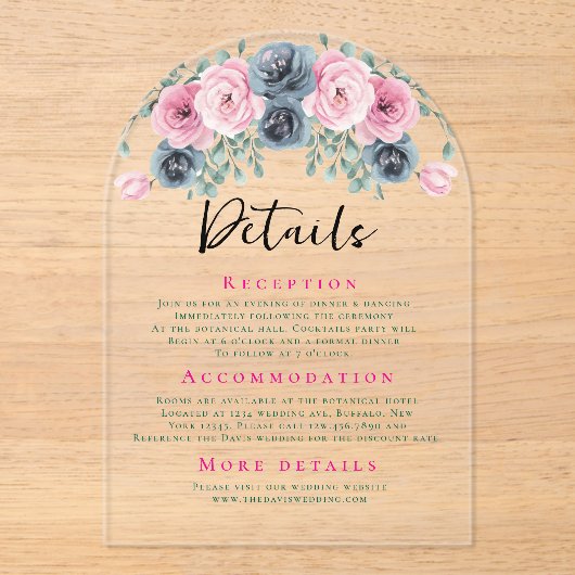 Arch Roze en Blauwe Bloemen Wedding Details Acryl Uitnodigingen (Voorkant)
