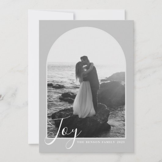 Arch Script Joy Gray Vertical Holiday Kaart (Voorkant)