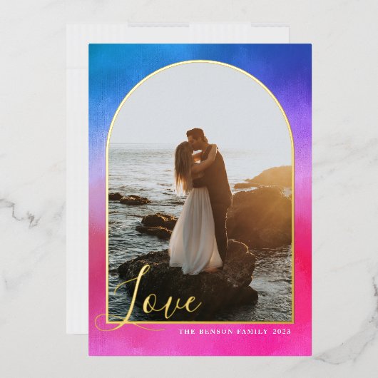 Arch Script Love Painted Pink Blue Vertical Real Folie Feestdagenkaart (Envelop)