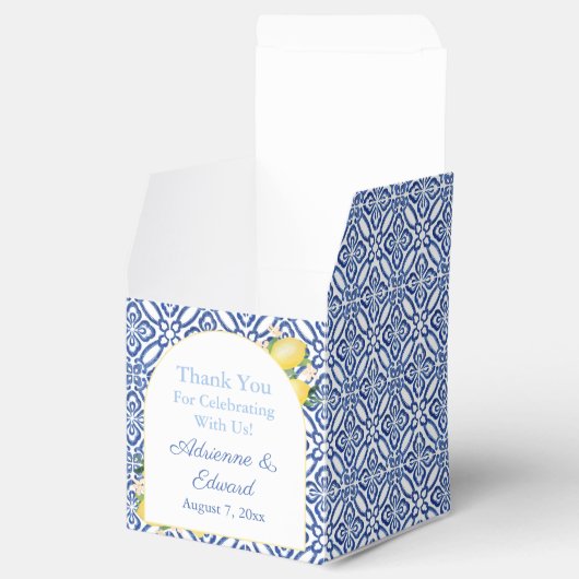 Arch Shape Amalfi Lemons Blue White Tegels Weddens Bedankdoosjes (Geopend)