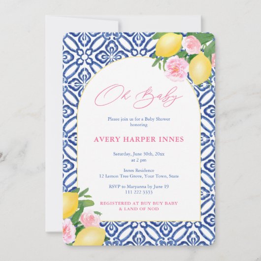 Arch Shape Lemons Blue Tiles Pink Girl Baby shower Kaart (Voorkant)